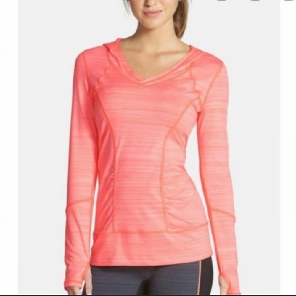 Zella Coral Orange Workout Top with Hood and Thumb Holes in Sleeves